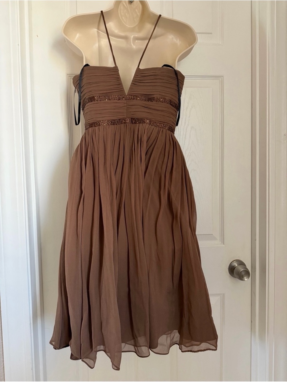 Laundry by Shelli Segal 100% Silk Beaded Chiffon Dress Brown Size 4 - Picture 5 of 11